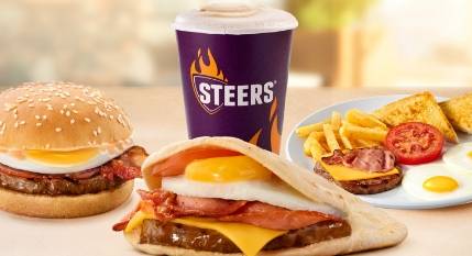 Breakfast range with a breakfast burger, breakfast pita, sit-down breakfast plate and Steers cup