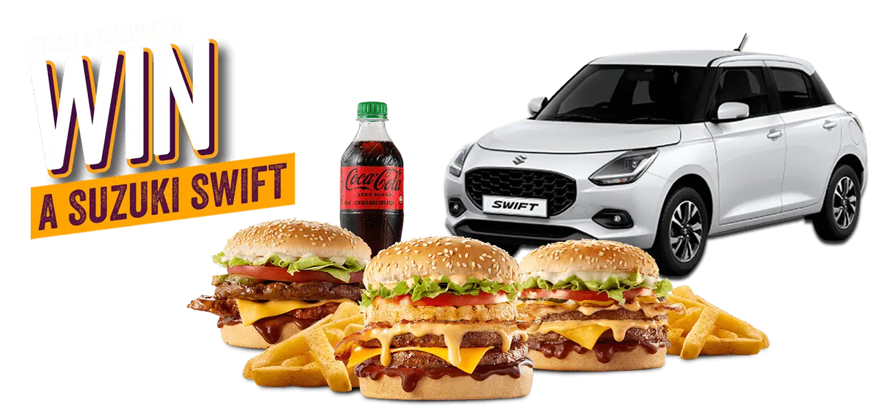 The Real hungry burgers with a 440ml Coke® and a Suzuki Swift on a purple background.