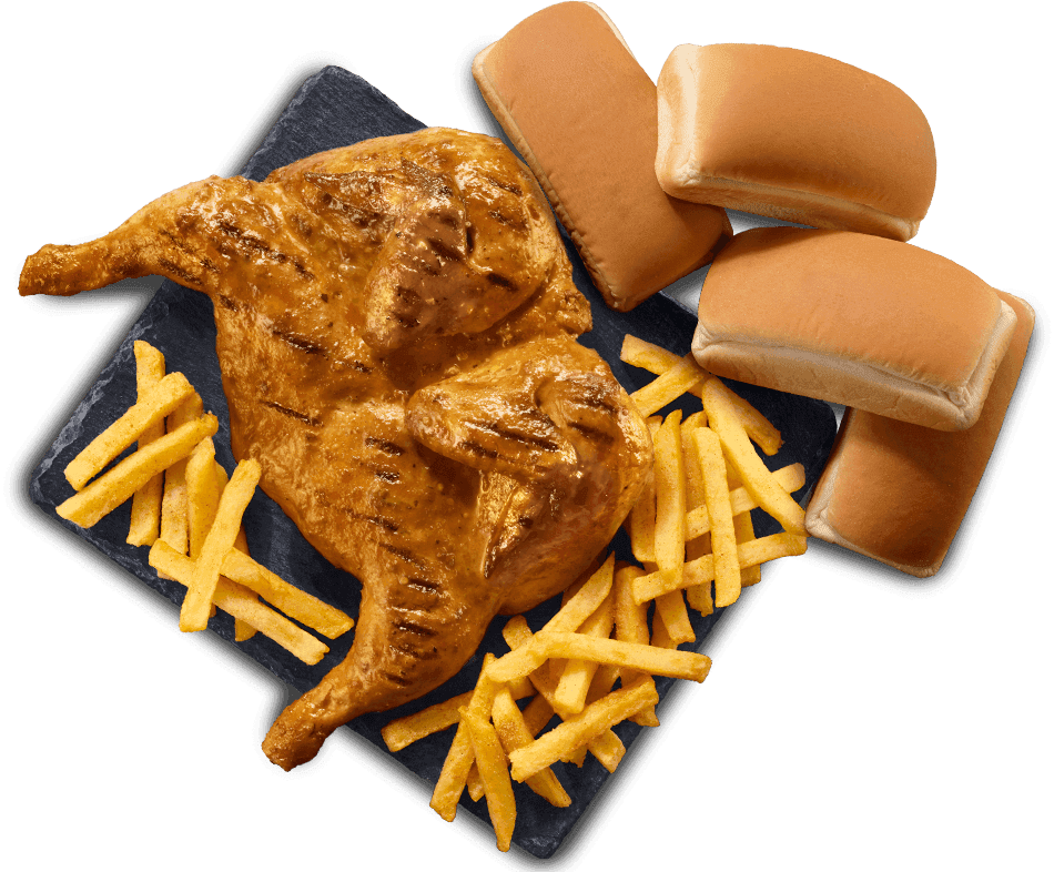 Flame grilled full chicken served with crispy French fries and soft bread rolls on a black serving tray