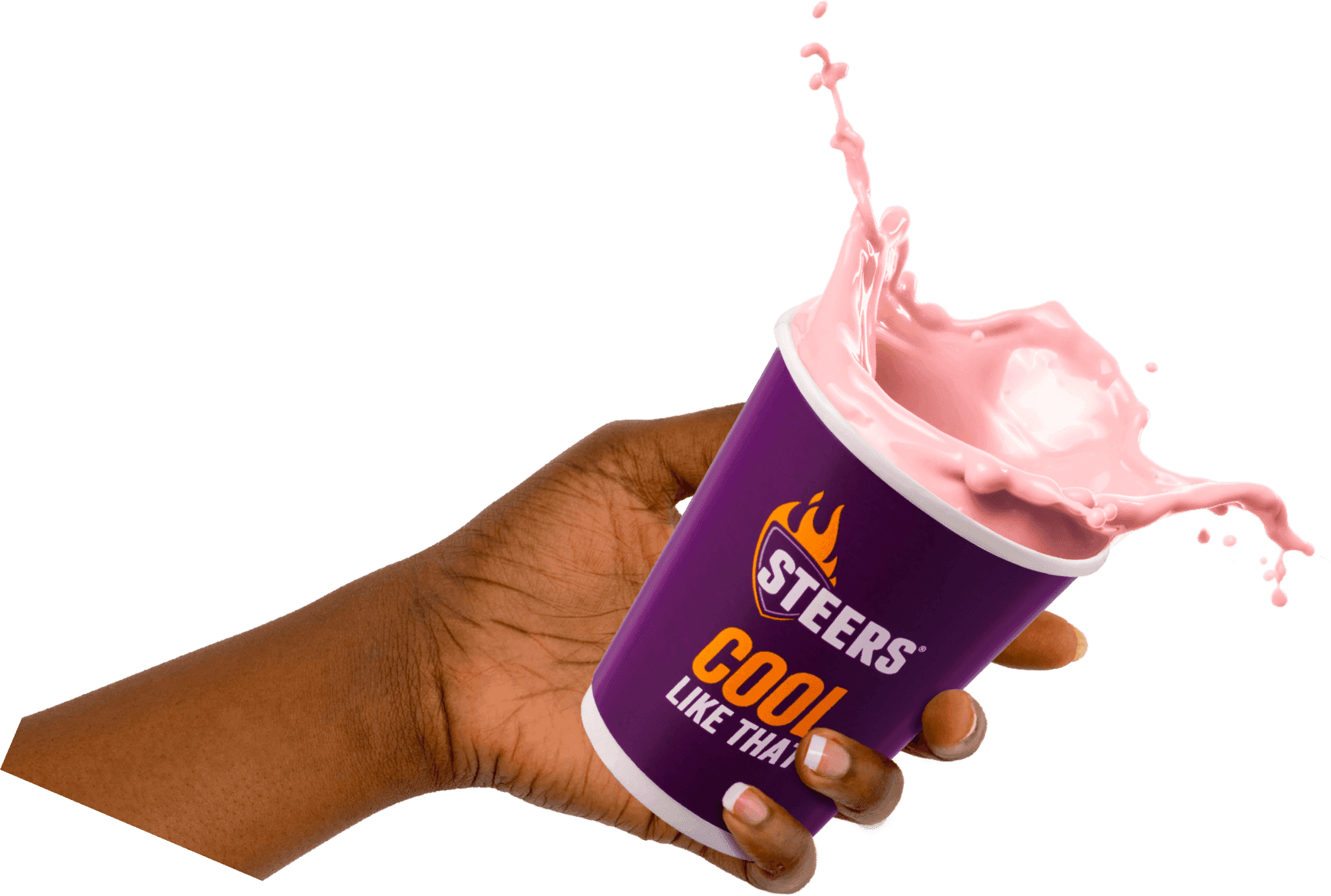 Hand holding a Steers strawberry milkshake with dynamic pink splash effect in a branded purple cup