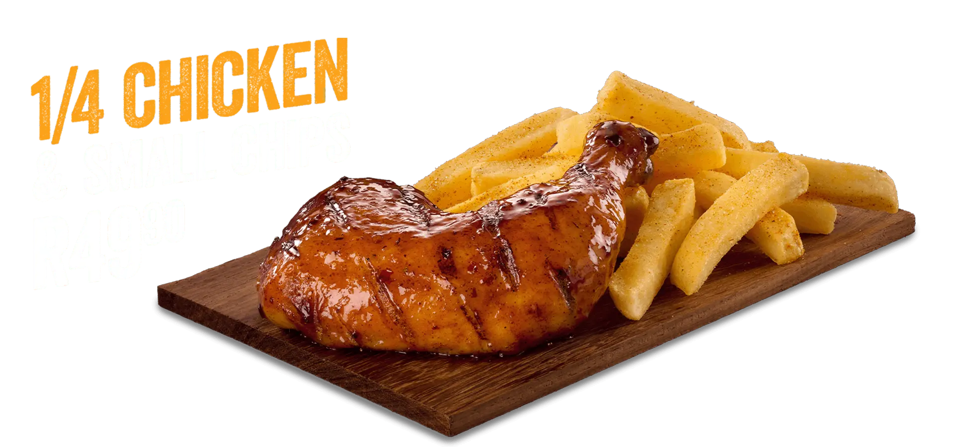 Steers® ¼ Chicken and chips on a wooden board placed on grey surface with a purple background. 