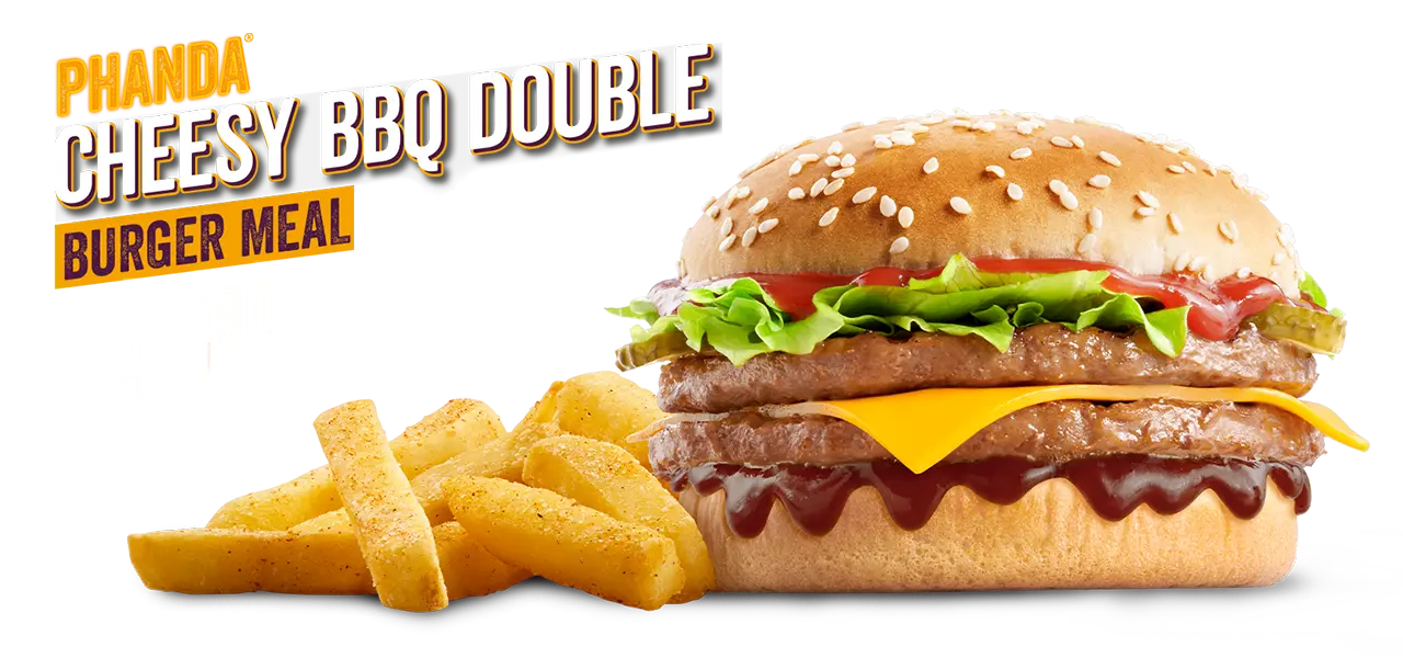 The Phanda® Cheesy BBQ Double Burger with chips on a grey surface against a purple background.