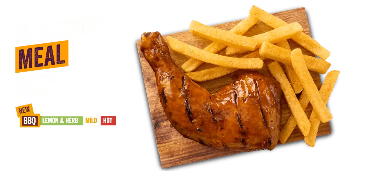 A quarter chicken and a side of chips on a wooden board that’s placed on a purple background. 