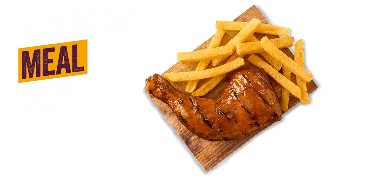 Steers® ¼ Chicken and chips on a wooden board placed on grey surface with a purple background. 