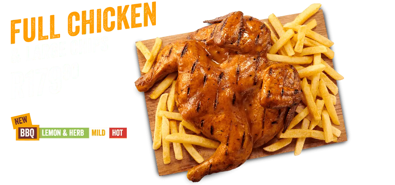 Steers® ¼ Chicken and chips on a wooden board placed on grey surface with a purple background. 