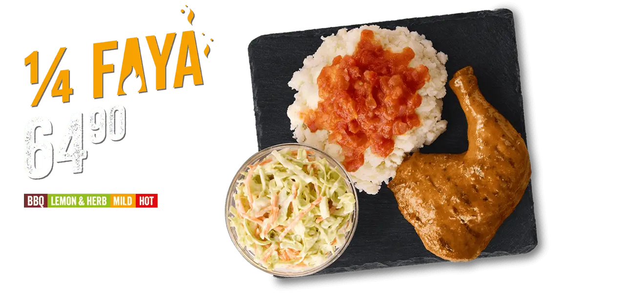 A ¼ Chicken, Pap with Sishebo & Coleslaw all placed against a purple background.