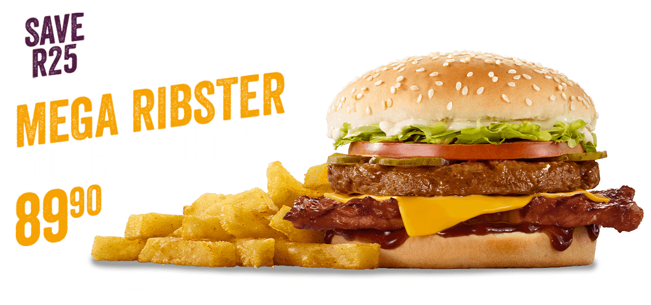 The Mega Ribster Burger with chips on a grey surface with a purple background.