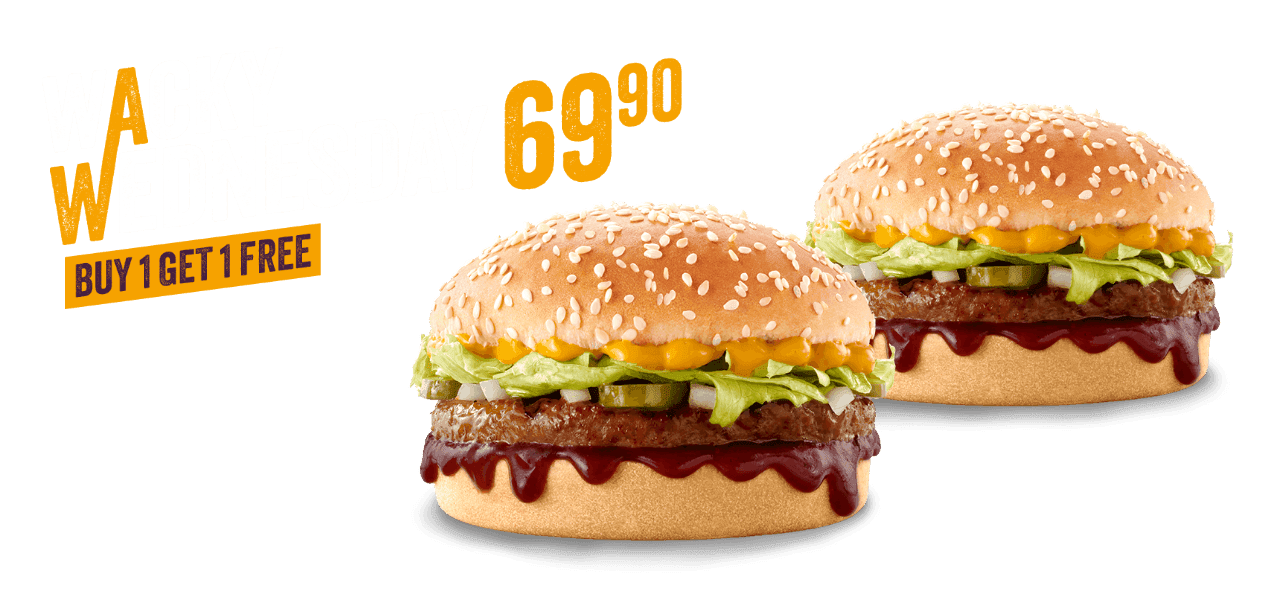 Two burgers on a grey surface against a purple background