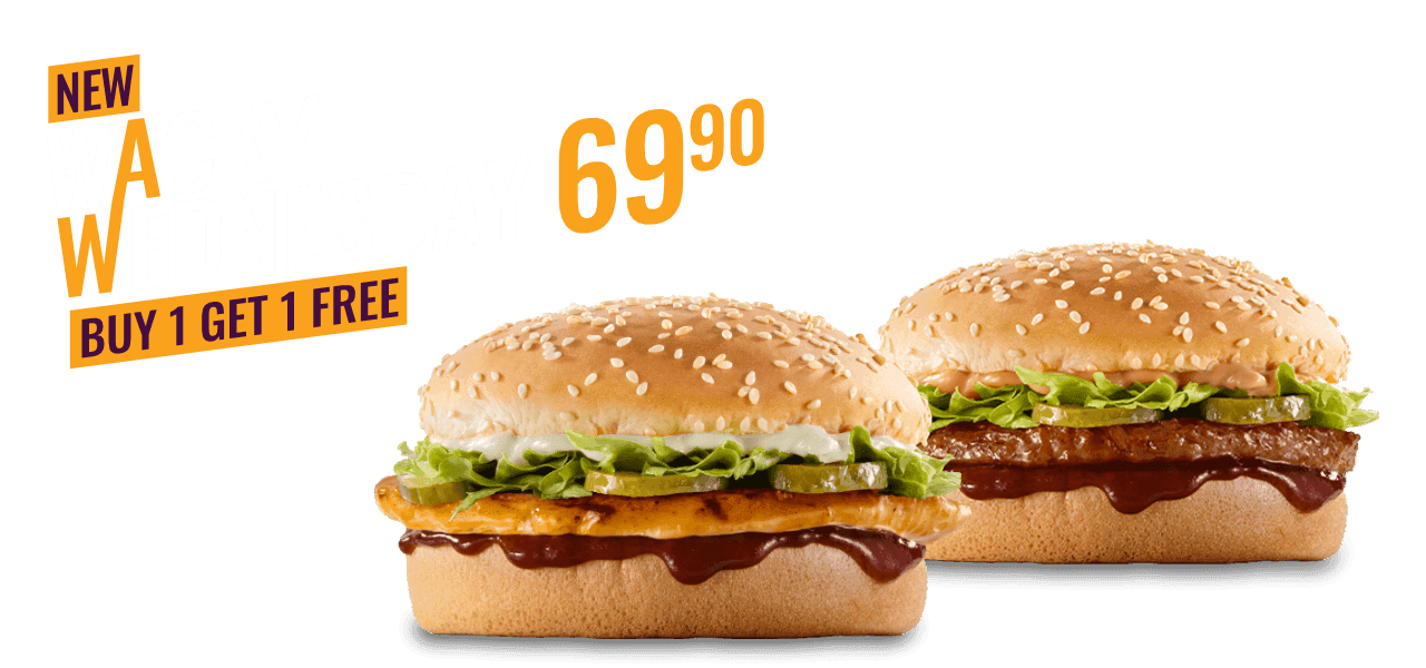 Wacky Wednesday — Buy 1, Get 1 FREE. Two Flame-Grilled burgers for R69.90