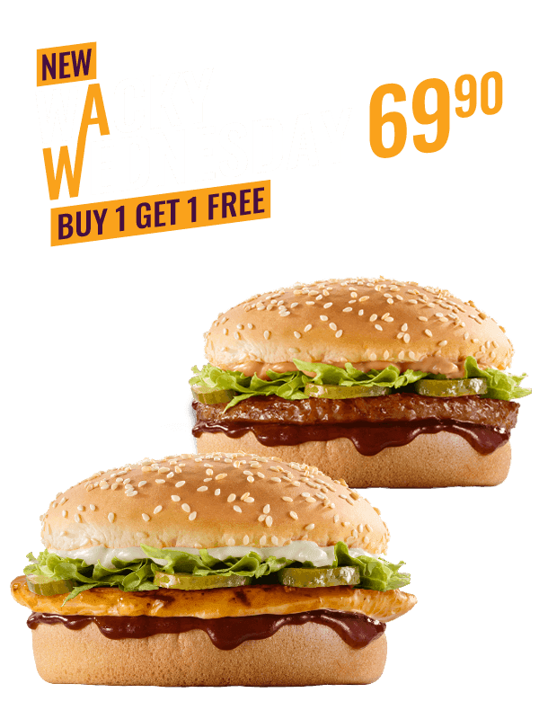 Wacky Wednesday — Buy 1, Get 1 FREE. Two Flame-Grilled burgers for R69.90